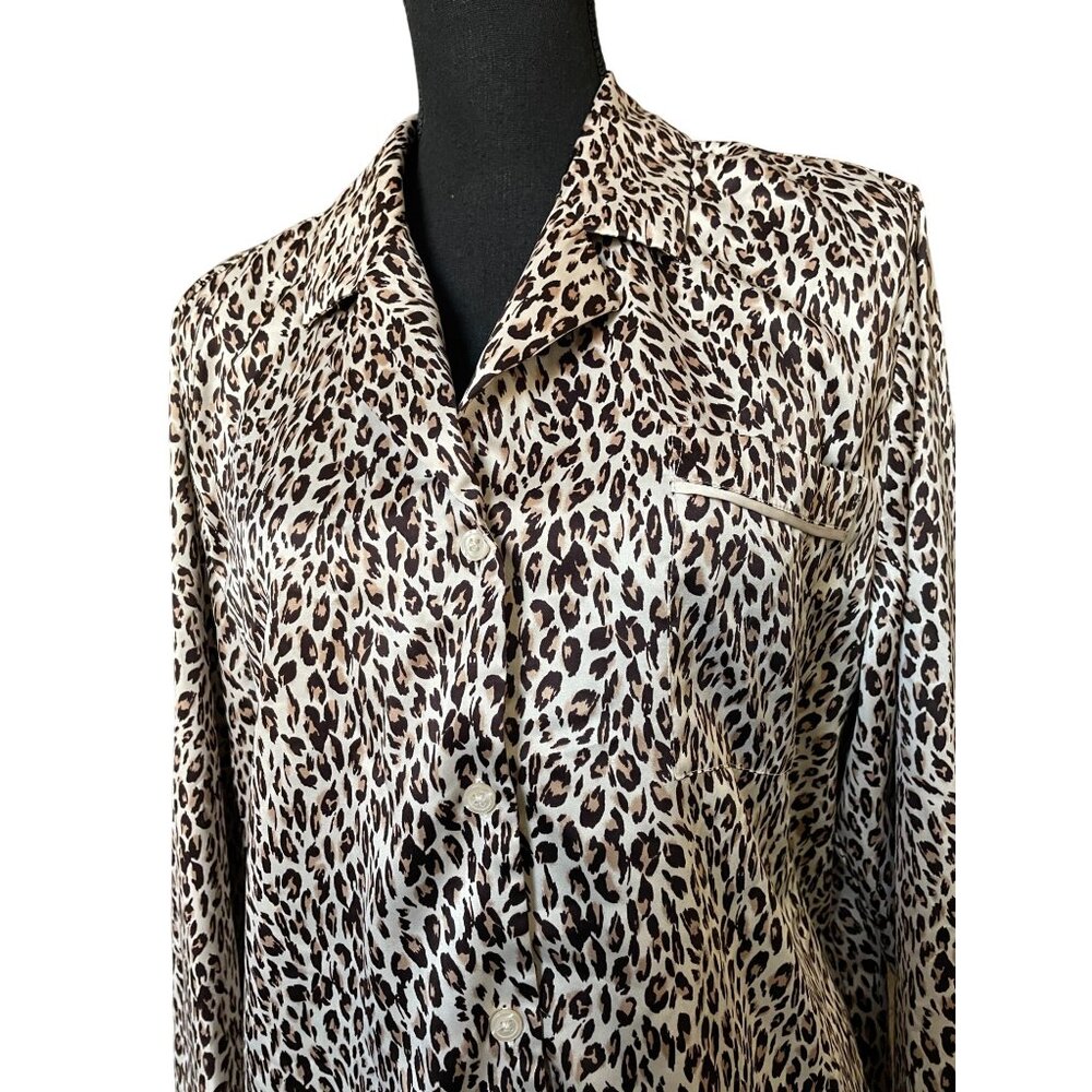 Apt. 9 Silky Leopard Print Button Up Top - Collared Satin Pajama Blouse - L - Picture 3 of 7